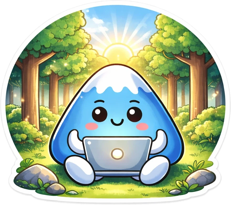 ノートパソコンを開いて、森の木漏れ日の中に座っている、青い富士山のキャラクター「フジさん」